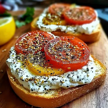 Two slices of bread with tomatoes and cheese on them.