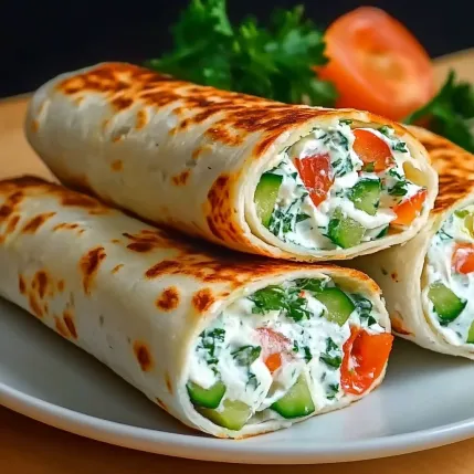 Two wraps with vegetables and cheese.