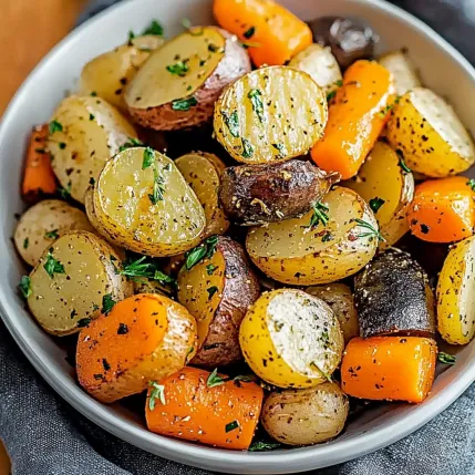 A bowl of vegetables including carrots, potatoes, and parsley.