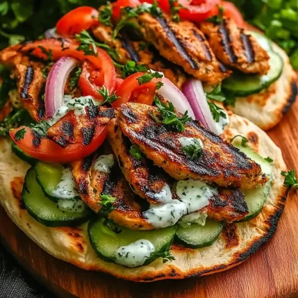 A plate of food with chicken, tomatoes, onions, and cucumbers.