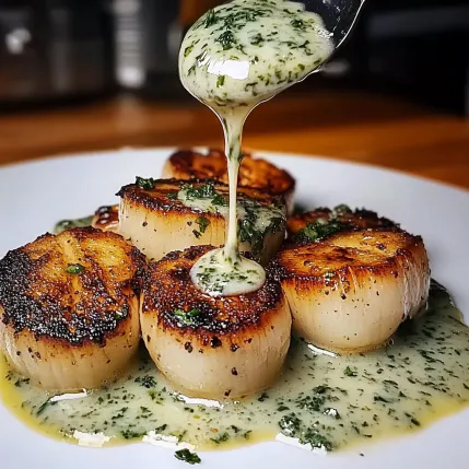 A white plate with 6 scallops and a dollop of sauce.