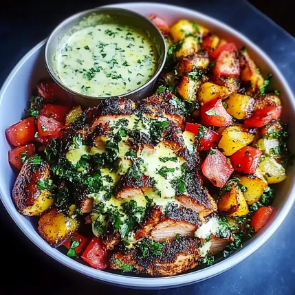 A bowl of food with a sauce on top.