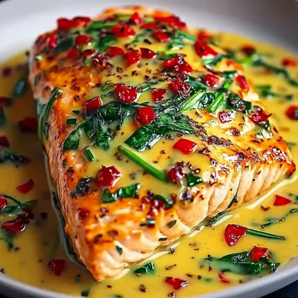 A piece of fish with red peppers on it.