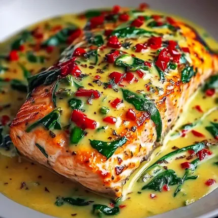 A piece of fish with a white sauce on it.