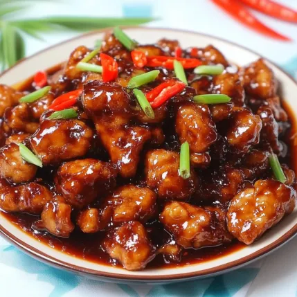 A plate of chicken with red peppers and green onions.
