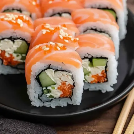 A plate of sushi with orange and green vegetables.