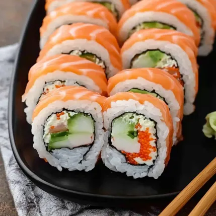 A plate of sushi with a green vegetable.