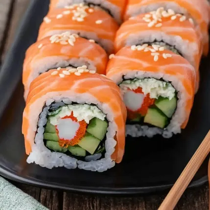 A plate of sushi with rice and vegetables.