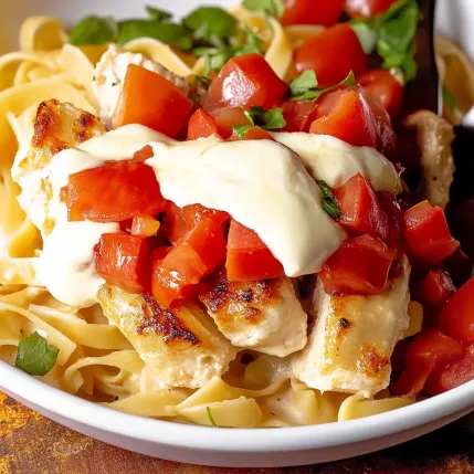A bowl of pasta with chicken and tomatoes.