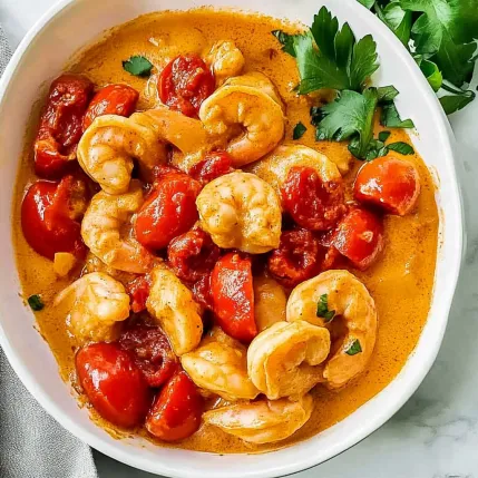 A bowl of shrimp and tomatoes.