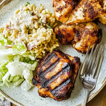 A plate of food with chicken pasta and salad.