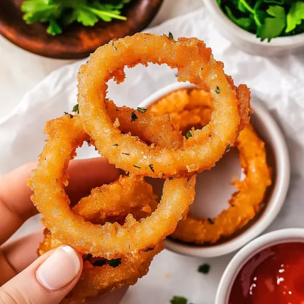 A person holding two onion rings.