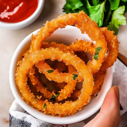 A person holding a bowl of onion rings.