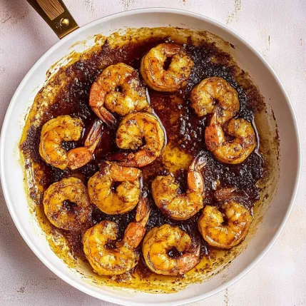 A pan of shrimp with a brown sauce.
