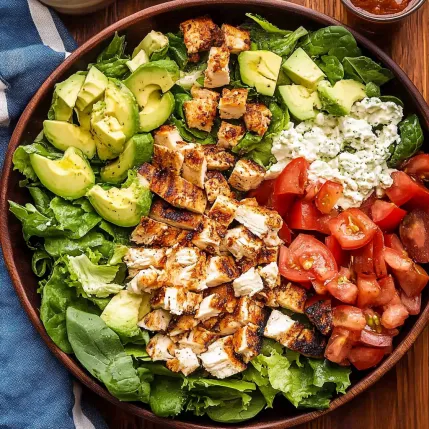 A bowl of salad with chicken, tomatoes, avocado, and lettuce.