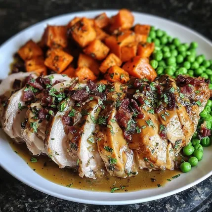 A plate of food with chicken, peas, and carrots.