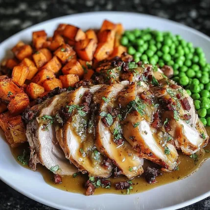A plate of food with chicken, peas, and potatoes.