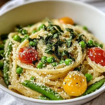 A bowl of pasta with tomatoes, peas, and basil.
