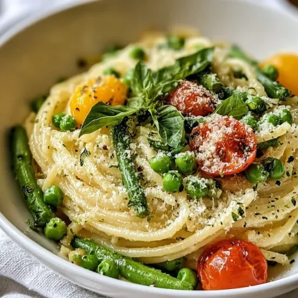 A bowl of pasta with tomatoes, peas, and basil.