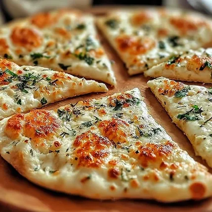 A pizza with cheese and herbs on top.