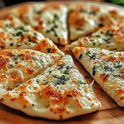 A pizza with cheese and spinach on a wooden board.