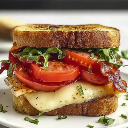 A sandwich with tomatoes and bacon on a white plate.