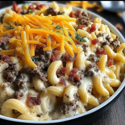 A plate of macaroni and cheese with bacon.