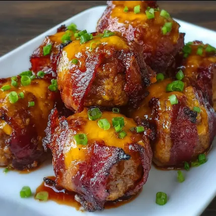 Bacon wrapped meatballs with cheese and green onions.