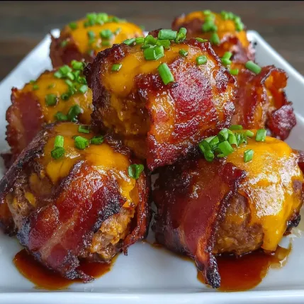 Bacon wrapped meatballs with cheese and green onions.