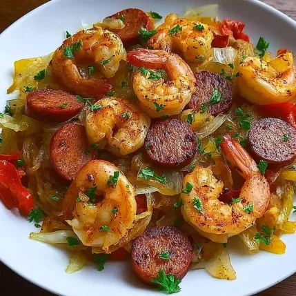 A plate of shrimp and sausage with onions and peppers.