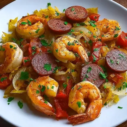 A plate of food with shrimp, sausage, and onions.