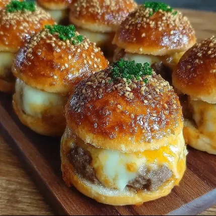 A plate of mini burgers with green toppings.