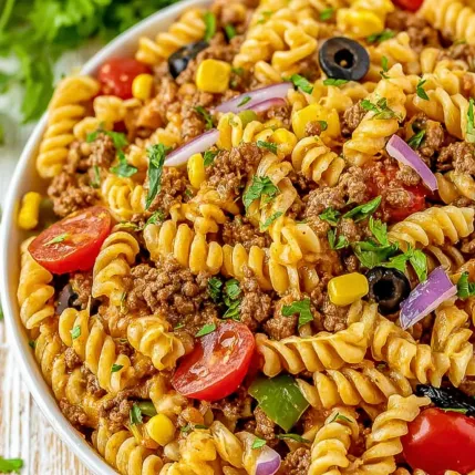 A bowl of pasta with meat and vegetables.