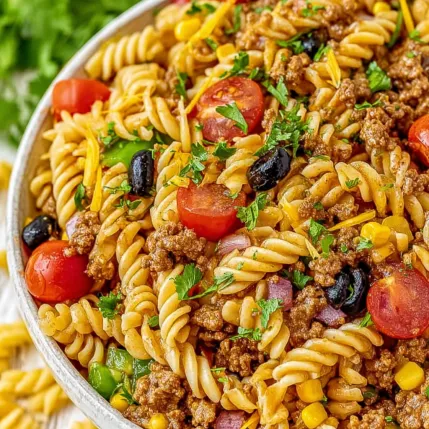 A bowl of pasta with meat and vegetables.
