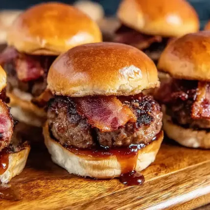 Bacon cheeseburger sliders on a wooden platter.