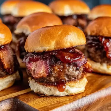 A plate of hamburgers with bacon and BBQ sauce.
