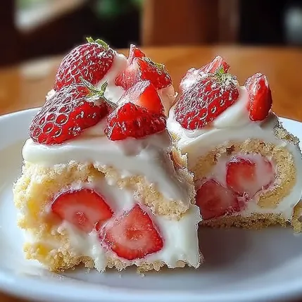 A slice of cake with strawberries on top.