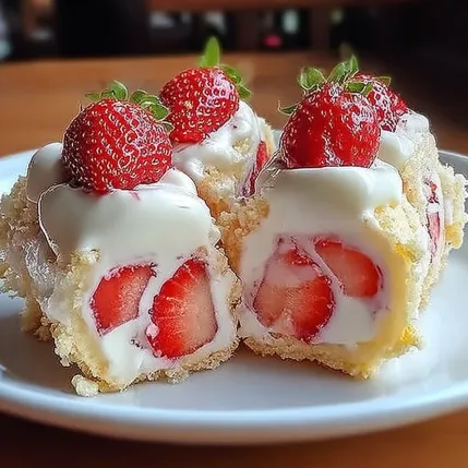 A plate of cake with strawberries on top.