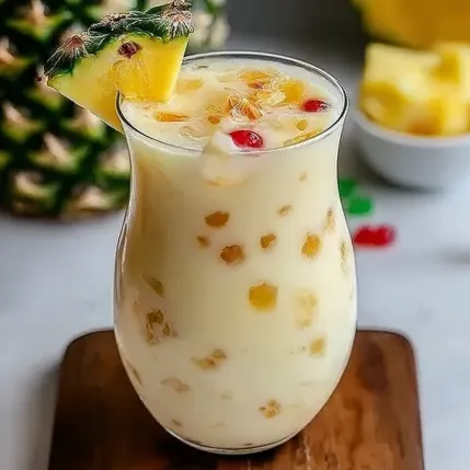 A glass of pineapple juice with a pineapple slice on top.