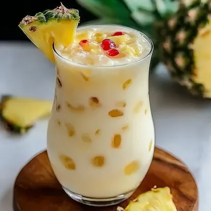 A glass of pineapple juice with a pineapple wedge on top.