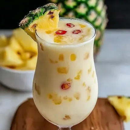 A glass of pineapple juice with a pineapple slice on top.