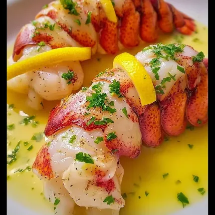 A plate of lobster with lemon and herbs.