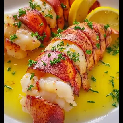 A plate of lobster with lemon wedges on top.