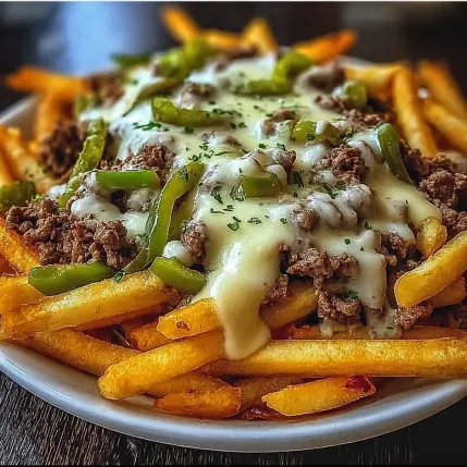 A plate of french fries with cheese and peppers.