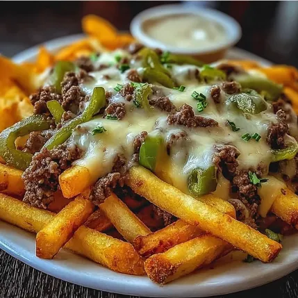 A plate of french fries with cheese and peppers.