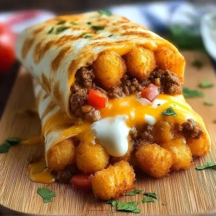 A burrito with cheese and tomatoes.