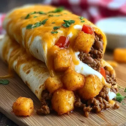 A burrito with cheese and tomatoes on a table.