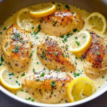 A bowl of chicken with lemon slices on top.