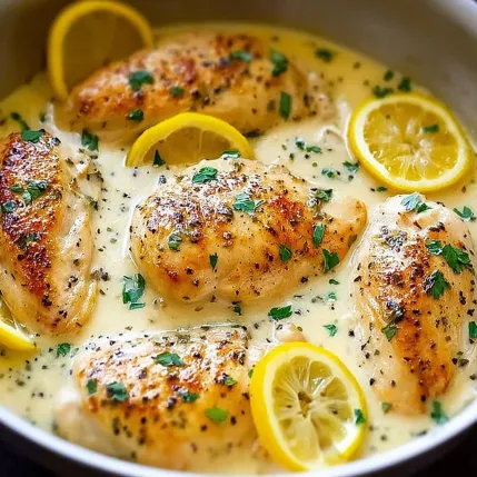 A bowl of chicken with lemon slices on top.