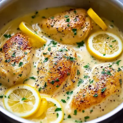 A bowl of chicken with lemon slices.